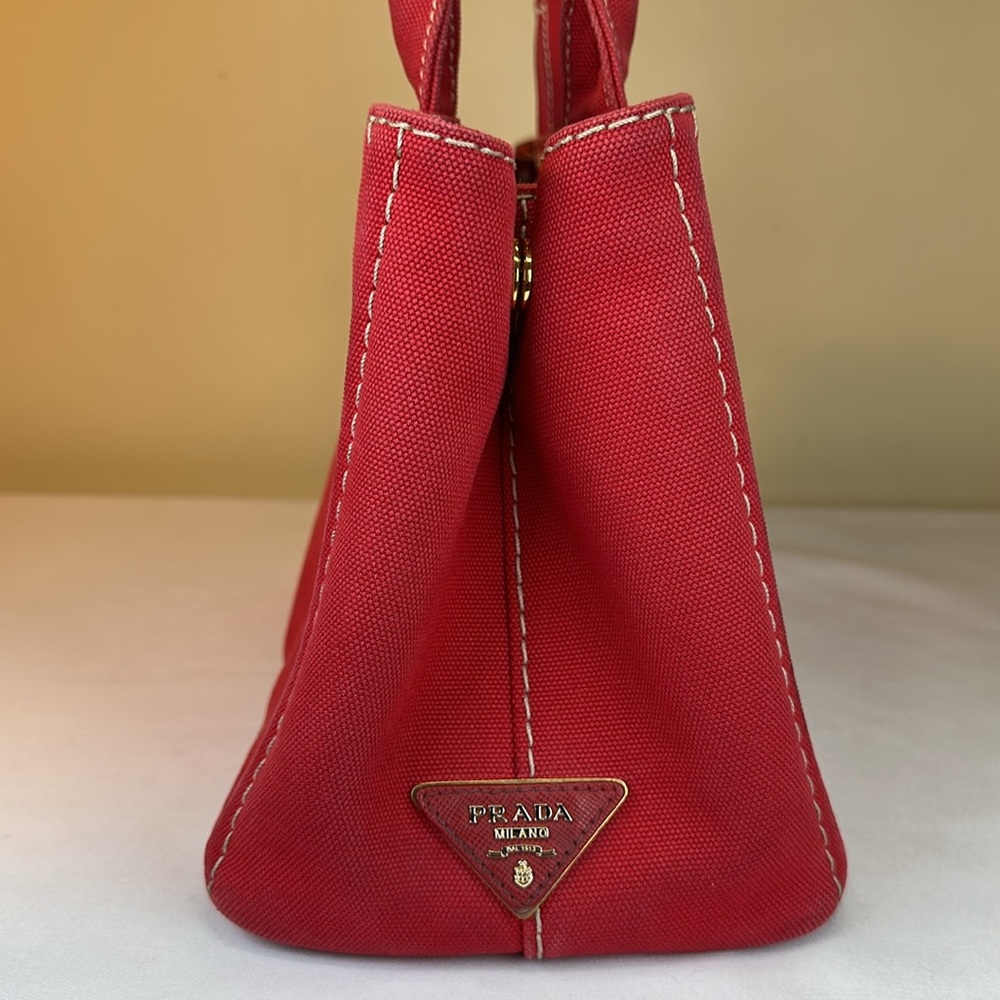 Prada Canapa Red Denim Canvas Snap Sides, Adjustable Removable Strap, Auth Cards - Picture 5 of 16